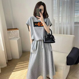上下セット セットアップ レディース 大きいサイズ Tシャツ + スカート 2点セット スウェットセットアップ ノースリーブ ゆったり カジュアル スウェットスカート レディースセットアップカジュアル 可愛い カジュアルセットアップレディース スポーティ LSFA010(2色XL-5XL)