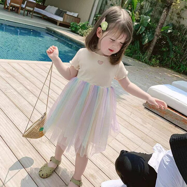 楽天市場 キッズ ベビー服 レースワンピース 夏 可愛い プリンセス チュール 虹色 半袖 女の子 Kwea0 3色90 130 Worldfine楽天市場shop