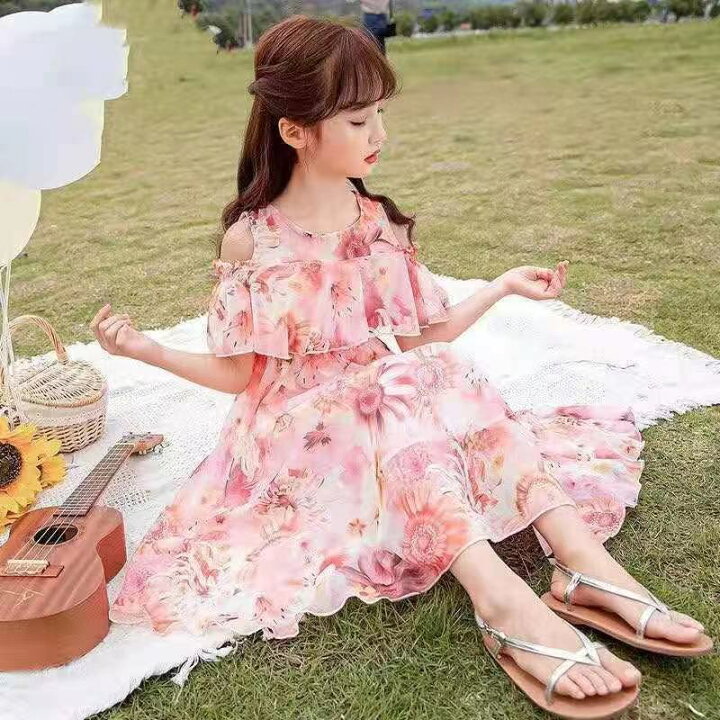 楽天市場 キッズ 子供服 ロングワンピース 夏 ゆったり 可愛い 花柄 肩出し 半袖 女の子 薄手 Kwea0 2色110 170 Worldfine楽天市場shop