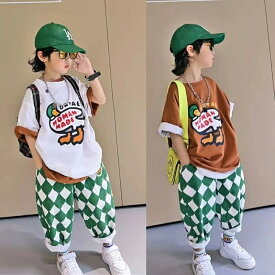 キッズ 子供服 セットアップ 上下セット Tシャツ+パンツ 2点セット カジュアル 男の子 春夏 ゆったり 可愛い ジュニア 英文字 チェック柄 薄手 110 120 130 140 150 160 KSFA036