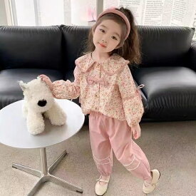 キッズ 上下セット セットアップ トップス+パンツ 2点セット 子供服 女の子秋 襟付きブラウス リボンブラウス 花柄ブラウス 花柄トップス カジュアル こども 子供 子ども 女の子 ゆったり 可愛い ジュニア 長袖 薄手 ピンク ブラウン 100 110 120 130 140 150 KSFB034