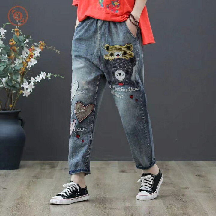楽天市場】クマ柄 刺繍 デニム パンツ ハート柄 刺繍 レディース 