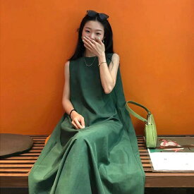 ロングワンピース レディース 春夏 ゆったり ノースリーブ 大人可愛い 夏ワンピース ゆったりワンピース 春夏ワンピース aラインワンピース aライン ノースリワンピ ノースリーブワンピース 可愛い 無地 緑 グリーン 大人かわいい S M L SLWB002