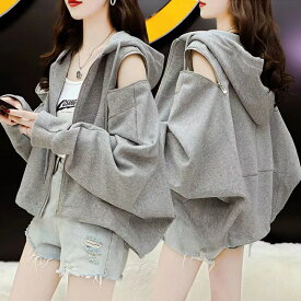 フードパーカー レディースファッション 肩だし アウター トップス 長袖 レディース パーカー 春 秋 カジュアル ストリート 薄手 フード付き 無地 グレー ブラック ベージュ M L XL 2XL SLCA034