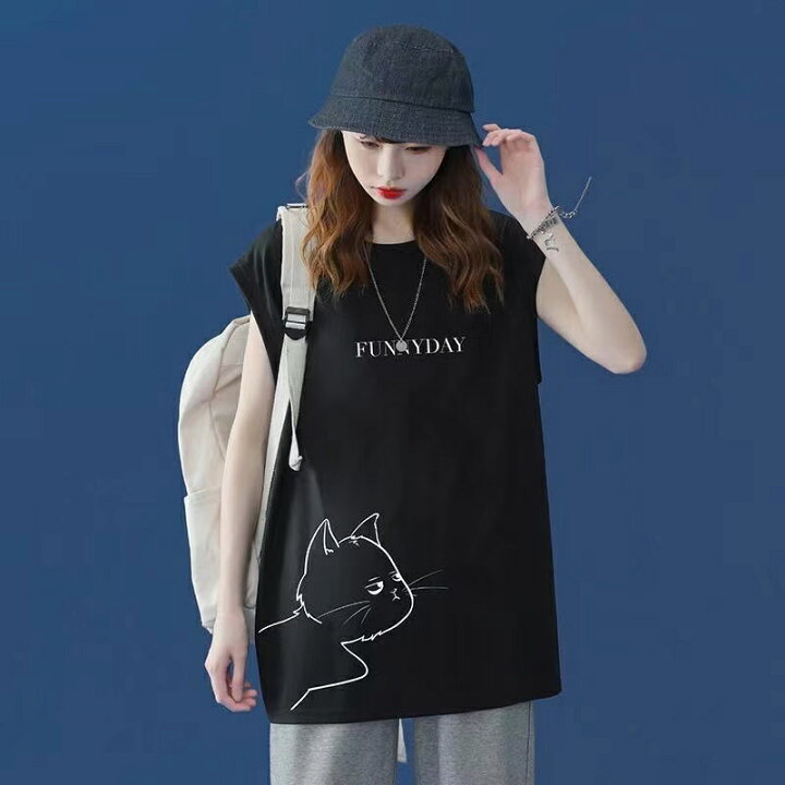 楽天市場】tシャツ レディース ノースリーブ トップス 猫柄 丸首 t 