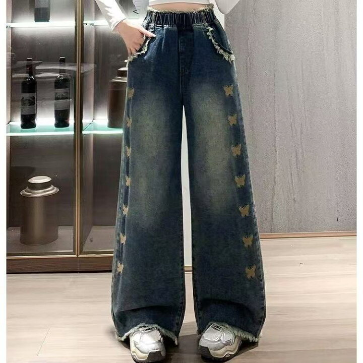 楽天市場】ジーンズ デニムパンツ レディース ワイドデニム 蝶柄 