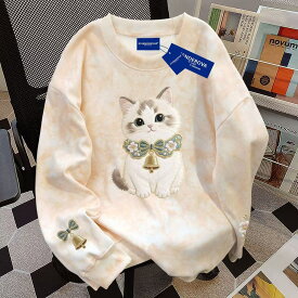 トレーナー レディーストップス 猫柄 かわいい レディース洋服 普段着 丸首 可愛いトレーナー レディーストレーナー 丸首トレーナー 秋 秋服 レディーストレーナーかわいい ゆったり 体型カバー カジュアル 猫 猫好き　裏起毛あり 裏起毛なし 選択可 SLUD098(3色M-3XL)