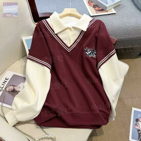 トレーナー レディーストップス 薄手 POLOネック 大きいサイズ レディーストップス レディース洋服 重ね着風 普段着 レディーストレーナー 可愛いトレーナー 春 秋 秋服 春服 長袖 ゆったり 体型カバー カジュアル 大人コーデ 大人カワイイ お出かけ LUGA157(3色L-4XL)