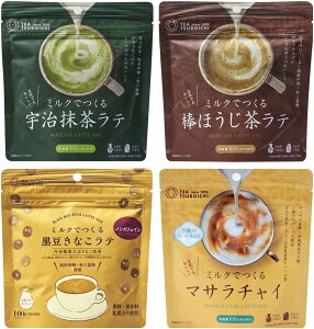 つぼ市製茶本舗 ミルクでつくるラテ 4種セット (宇治抹茶ラテ、棒ほうじ茶ラテ、黒豆きなこラテ、マサラチャイ) 100g 堺 添加物不使用 送料無料