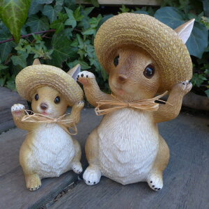 うさぎの置物 麦わらウサギ親子2羽セット 968180H ラビット 兎 ウサギ ラパン オーナメント 麦わら帽子 オブジェ ガーデン ガーデニング マスコット 雑貨 ガーデン雑貨 リアルデスプレィ