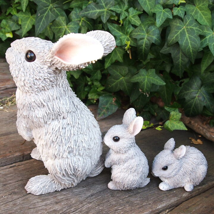 楽天市場】うさぎの置物 うさぎの親子3品セット グレー N13924  