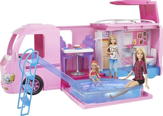 Barbie バービーキャンピングカーがプールでプレイセットに飛び出します！