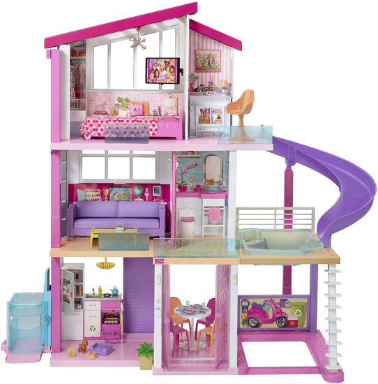 Barbie 車椅子付きのバービードリームハウスドールハウスアクセス可能なエレベーター、プール、スライド、家具や家庭用品、3-7歳のギフトなどの70のアクセサリ