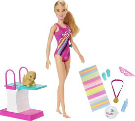 Barbie バービードリームハウスアドベンチャースイム 'nダイビングドール、11.5インチ、水着、水泳機能、ダイビングボード、子犬、3-7歳の贈り物