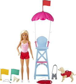Barbie バービーライフガードプレイセット、ブロンドドール（12インチ）、水泳服、ライフガードチェア、傘、メガホン、双眼鏡、2つの旗、犬の姿など、3歳とア