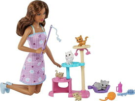 Barbie バービーキティコンドドールとペットはバービー人形（ブルネット）、猫1匹、子猫4匹、猫の木とアクセサリー、3歳のおもちゃと一緒にプレイセットをしま