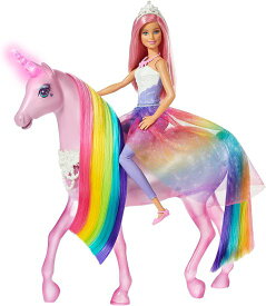 Barbie バービードリームトピアマジカルライト虹色のたてがみ、ライトとサウンド、ピンクの髪とフードアクセサリーのバービープリンセスドール、3-7歳の贈り物