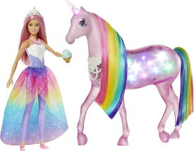 Barbie バービードリームトピアマジカルライトユニコーンレインボーマネ、ライトとサウンド、ピンクの髪とフードアクセサリーのバービープリンセスドール、3-7