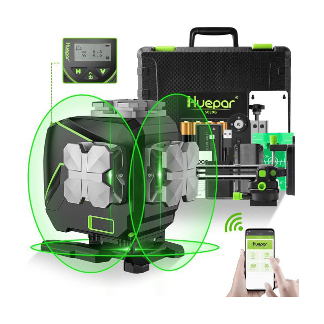 Huepar 3x360° Self-Leveling Laser Level with LCD Screen 3D Bluetooth Connected Green Beam Cross Line Tiling Floor Laser Tool -360° Horizontalのサムネイル