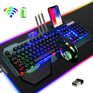 【送料無料】ゲーミングキーボードマウスセット、リンボーLEDバックライト、3800mAh大容量、2400DPIマウス、メタルパネル、充電可能、防水キーボード、2.4GHZワイヤレステクノロジー、6鍵静音