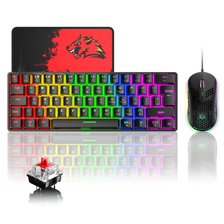 楽天市場 送料無料 メカニカルゲーミングキーボードマウス 青軸 赤軸 62キー 有線 Ledバックライト Rgb Usb接続 完全なアンチゴーストボタン キーキャップ取り外し可能 Type C 6400dpiゲーミングマウス マウスパット付き Pc Ps4 スイッチ対応 青 黒 白