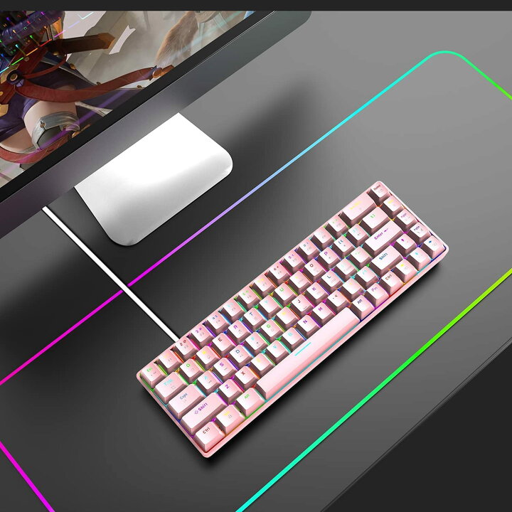 楽天市場 送料無料 ゲーミングキーボード ピンク かわいい テンキーレス メカニカル 60 68キー防衝突 ゲーム用キーボード メカニカルキーボード 青軸 18種類のrgbバックライト Type C 有線 防水 打ちやすい 英語配列 ピンク 青軸 Life World Store