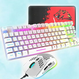 【送料無料】ゲーミングキーボード マウス マウスパット セット 88キー 軽量 LEDバックライト USB接続 エルゴノミック 防水 完全なアンチゴーストボタン キーキャップ取り外し可能、ゲーマーやタイピストに最適、6400DPIゲーミングマウス PC PS4 スイッチ対応