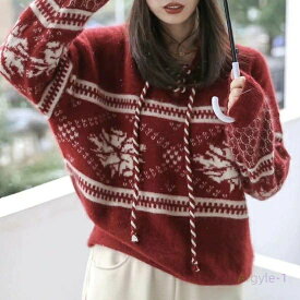 ニットパーカー 柔らかい 女性 ソフト カジュアル レディース 秋冬 暖かい ゆったり おしゃれ プルオーバー ノルディック柄 フード付き トップス お出かけ セーター 長袖 北欧 ニットセーター