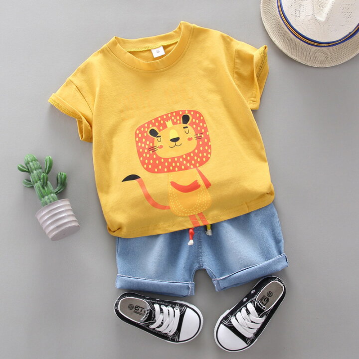 楽天市場 子供服 男の子 セットアップ ベビー服 赤ちゃん キッズシャツ パンツ 2点セット トップス ズボン 夏服 ライオン 80cm 韓国 韓国風 双子コーデ ふたご 双子 World Twins