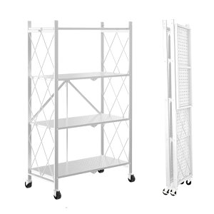 スチールラック 収納ラック キャスター付き メタルラック 折りたたみ式 オープンラック 4段 幅70×奥行34×高さ127cm キッチンラック シェルフ 食器棚 移動便利 大容量 組立簡単 広げるだけで使