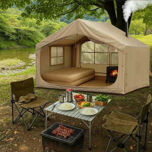 空気注入式キャンプテント、6~8人用、80.7平方フィート、4シーズンブローアップテント、ストーブジャック付き、インフレータブルホットテント、簡単なセットアップエアテント