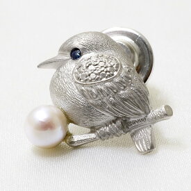 あこや真珠 鳥 パールブローチ 瞳[サファイア] ホワイト系 5.5-6.0mm　シルバー(silver)[n2]（酉年入学式 卒業式 フォーマル ジャケット） アクセサリー