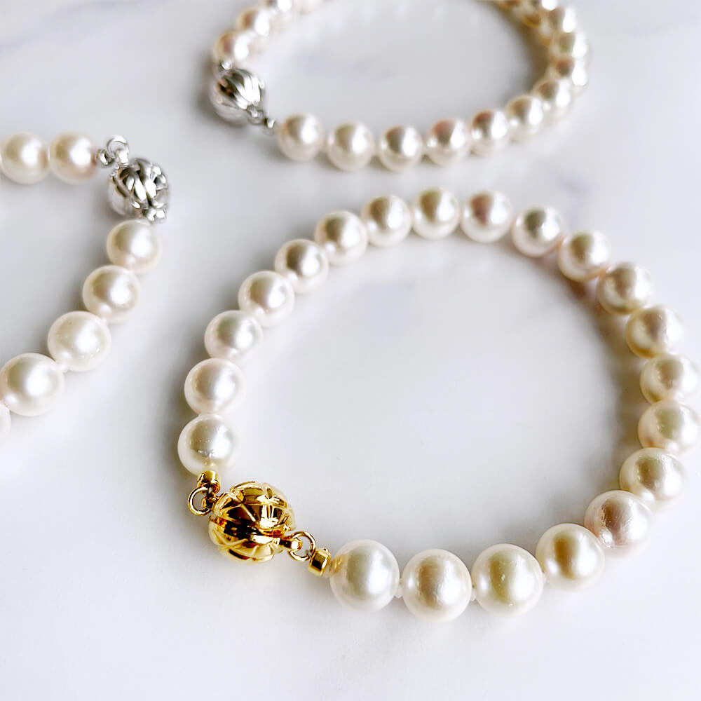 [長さが選べる] あこや真珠 パールブレスレット ホワイト系　7.5-8.0mm BBB〜C ラウンド〜セミラウンド マグネット式クラスプ  シルバー（silver）[n2][人気 ロングセラー]（本真珠 ブレスレット 真珠 パール） | 真珠の卸屋さん