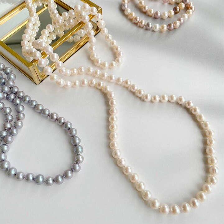 楽天市場 パールネックレス ロング 100cm 淡水パール 本真珠 7 0 8 0mm ポテト ホワイト グレー マルチカラー系 エンドレス 留め具なし 雑誌掲載 ロングネックレス N2 100cm ロング 真珠 ネックレス おしゃれ アレルギーフリー 母の日 Md 真珠の卸屋さん