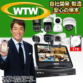 【標準★2TB搭載】防犯カメラ WTW 塚本無線 ワイヤレス 屋外 工事不要 家庭用 防犯カメラ4台セット 監視カメラ ワイヤレス防犯カメラ レコーダー 録画機 モニター 付き 300万画素 屋内 室内カメラ 防水 ipc