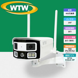 防犯カメラ 180°撮影 400万画素 屋外 Wi-Fi MicroSDカード録画 監視カメラ ワイヤレス 屋外 工事不要 スマホ 家庭用 業務用 パノラマカメラ WTW-EAGLE-VIP