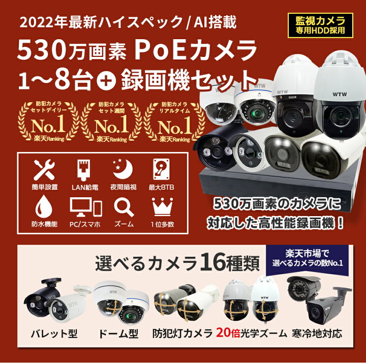 楽天市場】防犯カメラ 屋外 AI 防犯カメラセット 530万画素 1〜8台セット PoE給電 【☆選べる14種類のカメラ】夜間カラー セット 監視カメラ 車上荒らし レコーダー ネットワークカメラ ネット環境 なし 不要 簡単 設置 遠隔監視 スマホ 防水 家庭用 LAN 有線 : WTW 塚本無線 楽天市場】防犯カメラ 屋外 AI 防犯カメラセット 530万画素 1〜8台セット PoE給電 【☆選べる14種類のカメラ】夜間カラー セット 監視カメラ 車上荒らし レコーダー ネットワークカメラ ネット環境 なし 不要 簡単 設置 遠隔監視 スマホ 防水 家庭用 LAN 有線 : WTW 塚本無線