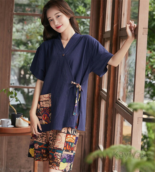 市場 甚平 レディース 寝巻き 甚平レディース メンズ ルームウェア 男女兼用 パジャマ ダブルガーゼ カップル Vネック 部屋着 寝間着