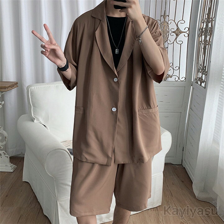 楽天市場 サマースーツ メンズ セットアップ ゆったり オシャレ テーラードジャケット ショートパンツ 上下セット ブレザー 半袖シャツ ハーフパンツ 短パン 無地 夏服 カジュアルスーツ ビッグシルエット サマーウエア カジュアルファッション かっこいい Wuyue