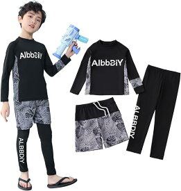 キッズ 水着 男の子 セパレー 3点セット 長袖ラッシュガード+レギンス＋ショートパンツ スクール 上下セット 子供水着 水泳パンツ スイムパンツ スイムウェア ラッシュガード UVカット 110-160