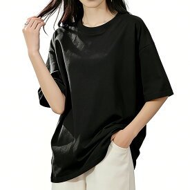 tシャツ レディース 半袖 ティーシャツ 夏服 丸首 吸汗速乾 通気 オーバーサイズ カットソー ロング 5分袖 おしゃれ 日常 通勤 オフィス カジュアル シンプル ベーシック ブラック ホワイト グレー ピンク ベージュ