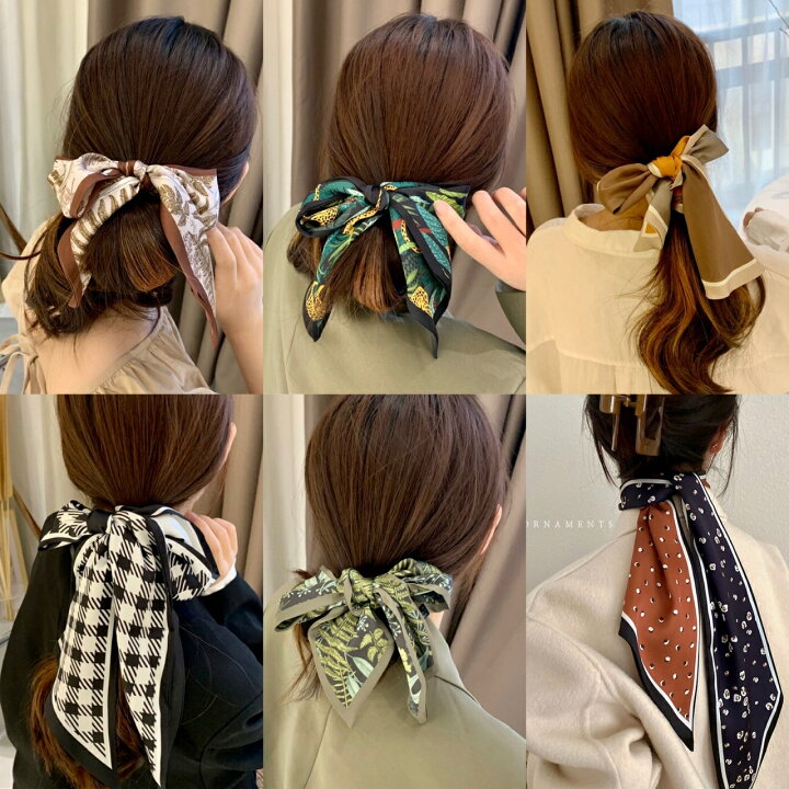 楽天市場 シュシュ リボン スカーフ ヘアアクセサリー ヘアゴム ブレスレット シンプル 大人 上品 エレガント 大きめ 小物 プレゼント シフォン カジュアル フェミニン まとめ髪 ヘアアレンジ デイリー 光沢 花柄 ヘアスカーフ スカーフリボン 髪飾り 巻き付け 大判