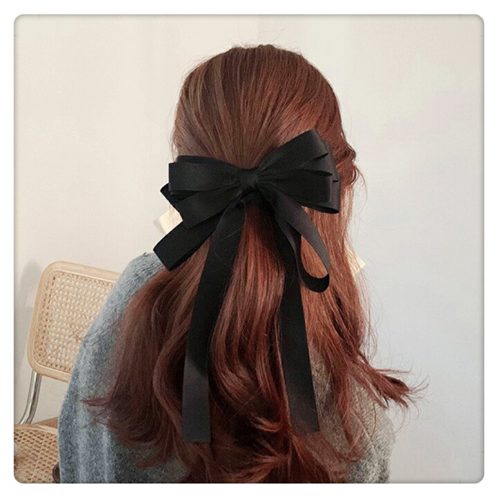 絶品 ブラック ベロア リボン ビック バレッタ 黒 韓国 ヘアピン ヘアリボン 髪飾