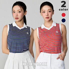 ゼクシィミックス xexymix ゴルフウェア ノースリーブ ボーダー入り オープンカラー UVカット ポロネック レディース GOLF ゴルフトップス ゴルファー ゴルフ女子 おしゃれ ゴルフ かわいい ゼクシーミックス xfl2qe1206