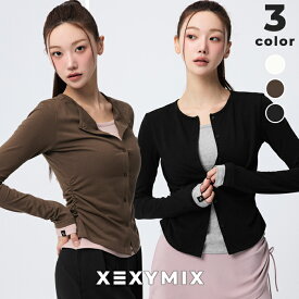 ゼクシィミックス xexymix 長袖 ダブル レイヤード フロントボタン コットン素材 重ね着風 シャーリング ヨガウェア トップス レディース 普段着 かわいい ファッション 運動用 韓国風 ヨガトップス ピラティスウェア ゼクシーミックス xfl3tl1133