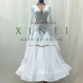 【受注生産・セミオーダー】社交ダンスドレス　ダンス衣装　発表会　ステージ衣装　モダンドレス　ラテンドレス　スカート　競技用　デモ用　練習用　ワルツドレス　ワンピース　パーティードレス　ダンスウエア　トップス　スタンダードドレス　MK045　【XINEI】