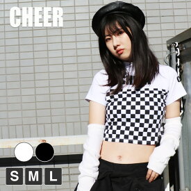 【30%OFF セール】ショート丈 Tシャツ 【CHEER】[チアー] フラッグチェック ハイネック ストレッチ ショート TEE 【キッズ ダンス 衣装 ヒップホップ レッスン着 へそ出し チア ロゴ レディース ジュニア おしゃれ かわいい 韓国 k-pop 子供服 白 黒 モノトーン】