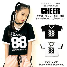 【11日01:59まで 50%OFF】 ダンス Tシャツ 【CHEER】[チアー] ナンバリング ショートTEE ショート丈【Vネックキッズ ダンス 衣装 ヒップホップ キッズ ダンスふくや サテン チア レディース ジュニア おしゃれ かわいい ジムウェア 韓国 k-pop 子供服】【ショート丈T】