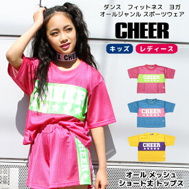 【40%OFF セール】ダンス メッシュ ショート Tシャツ【CHEER】[チアー] オール メッシュ ショート丈 トップス【キッズ ダンス 衣装 ヒップホップ キッズ レッスン着 チア ロゴ TEE Tシャツ レディース ジュニア かわいい 韓国 k-pop 子供服】【ショート丈T】