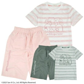 すみっコぐらし 上下セット 半袖 Tシャツ ハーフパンツ セット 子供服 キッズ 女の子 男の子 110cm 120cm 130cm 140cm 150cm 楽着 パジャマ 部屋着 運動着 普段着 人気 キャラクター セットアップ ハーフパンツ ボーダー サンエックス San-x ピンク カーキ ボーダー